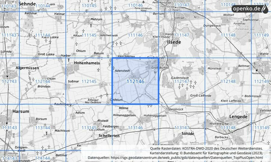 Übersichtskarte des KOSTRA-DWD-2020-Rasterfeldes Nr. 112146