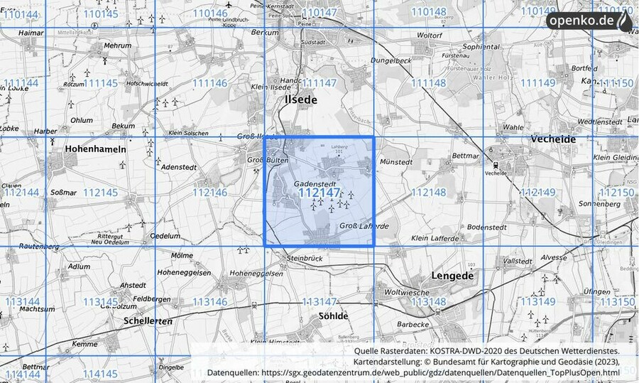 Übersichtskarte des KOSTRA-DWD-2020-Rasterfeldes Nr. 112147