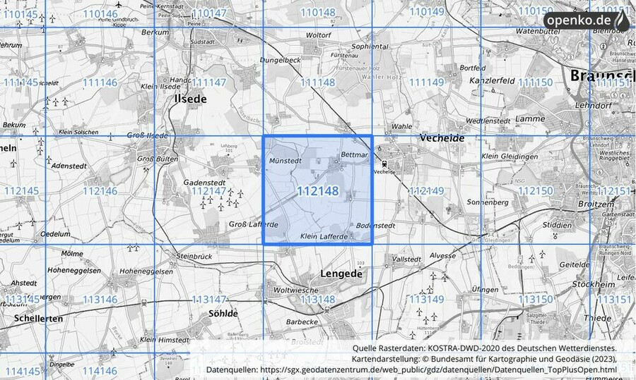 Übersichtskarte des KOSTRA-DWD-2020-Rasterfeldes Nr. 112148