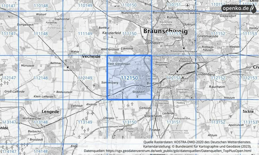 Übersichtskarte des KOSTRA-DWD-2020-Rasterfeldes Nr. 112150