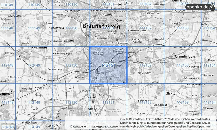 Übersichtskarte des KOSTRA-DWD-2020-Rasterfeldes Nr. 112151