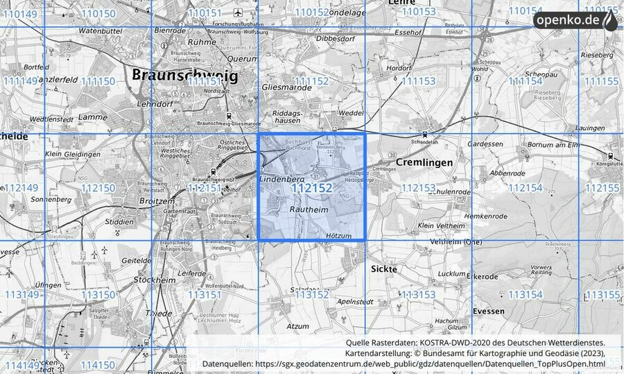 Übersichtskarte des KOSTRA-DWD-2020-Rasterfeldes Nr. 112152