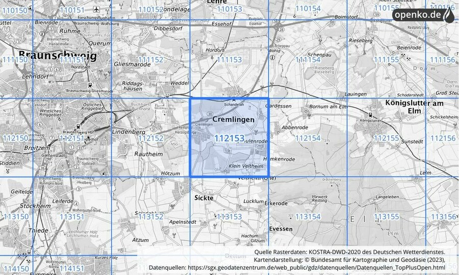 Übersichtskarte des KOSTRA-DWD-2020-Rasterfeldes Nr. 112153