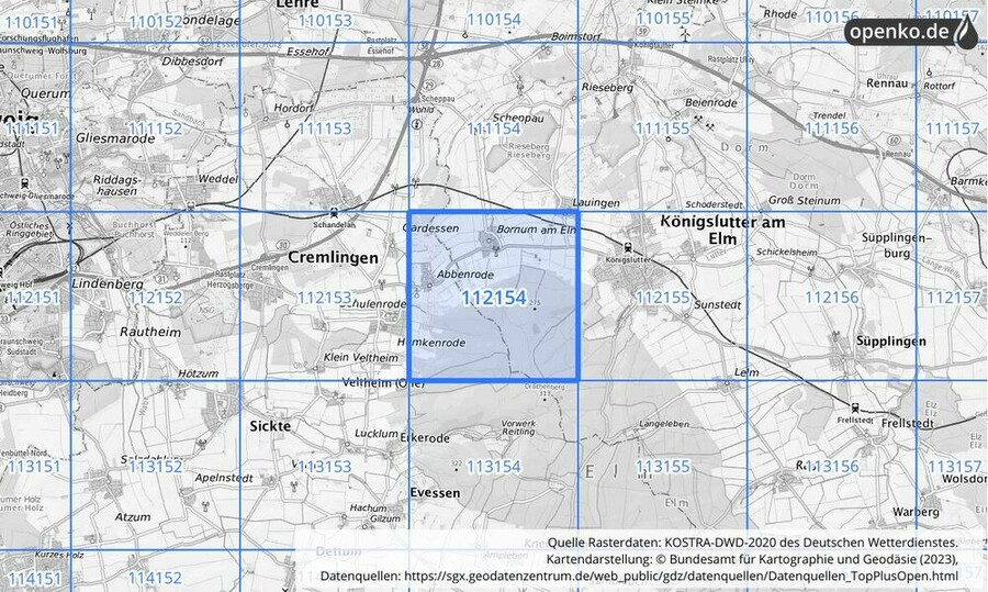 Übersichtskarte des KOSTRA-DWD-2020-Rasterfeldes Nr. 112154