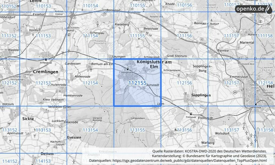 Übersichtskarte des KOSTRA-DWD-2020-Rasterfeldes Nr. 112155