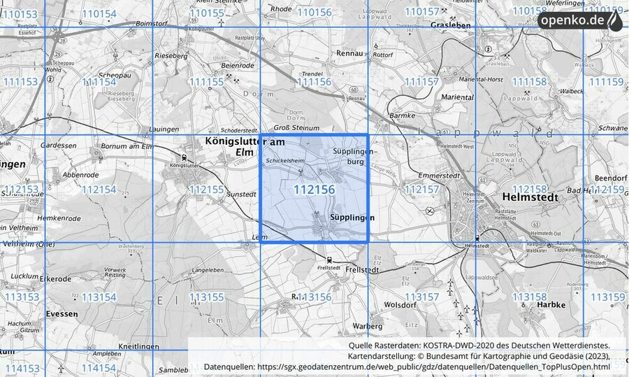 Übersichtskarte des KOSTRA-DWD-2020-Rasterfeldes Nr. 112156