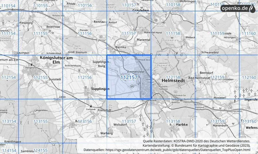 Übersichtskarte des KOSTRA-DWD-2020-Rasterfeldes Nr. 112157