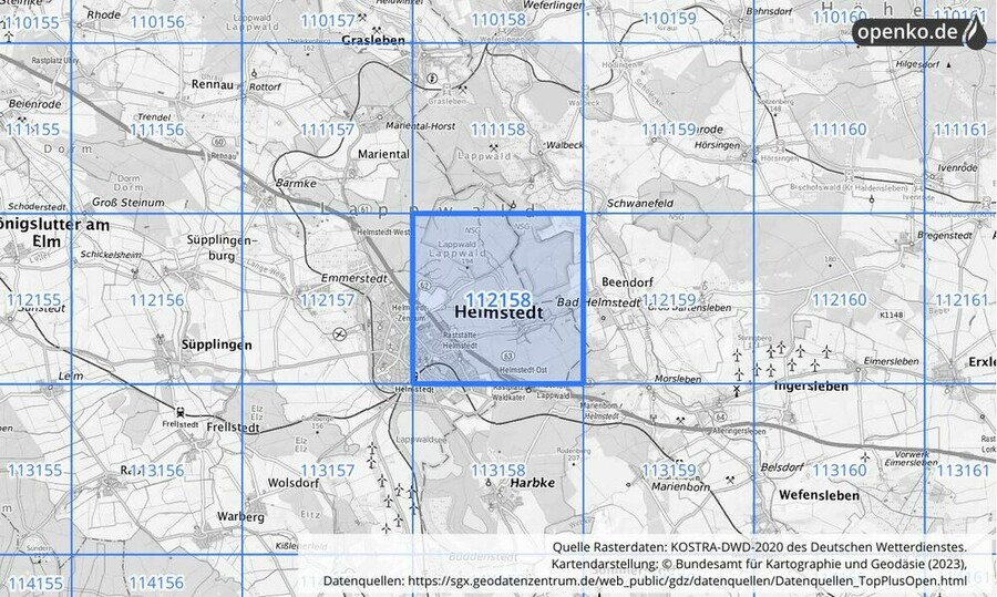 Übersichtskarte des KOSTRA-DWD-2020-Rasterfeldes Nr. 112158