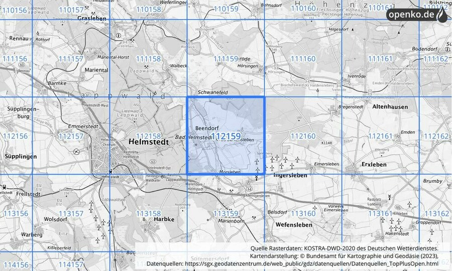 Übersichtskarte des KOSTRA-DWD-2020-Rasterfeldes Nr. 112159