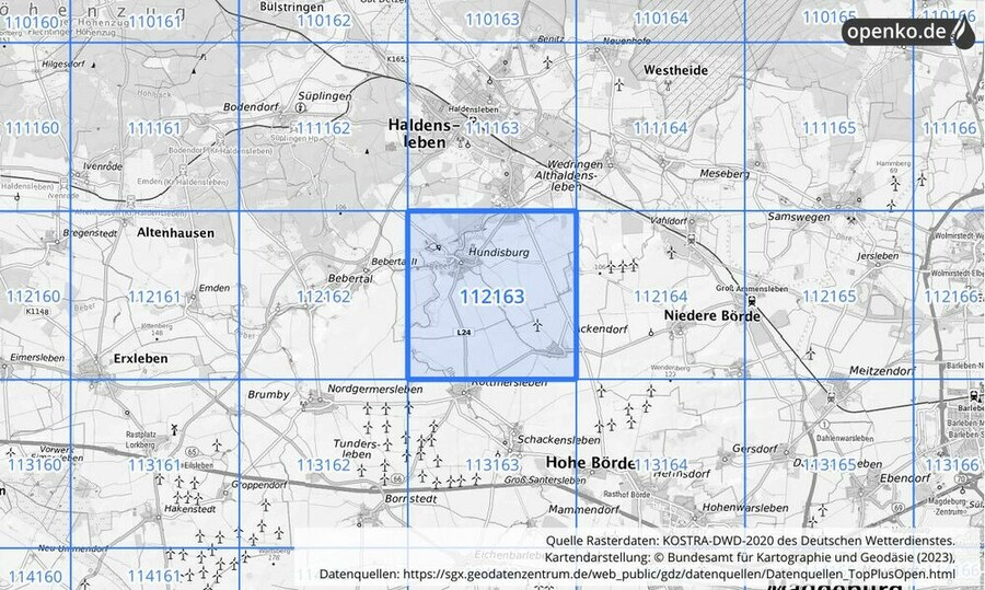 Übersichtskarte des KOSTRA-DWD-2020-Rasterfeldes Nr. 112163