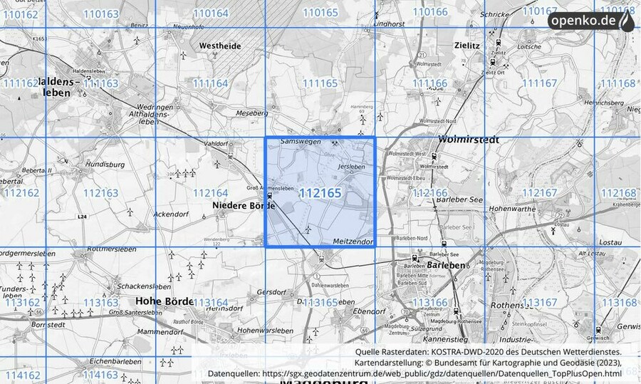 Übersichtskarte des KOSTRA-DWD-2020-Rasterfeldes Nr. 112165