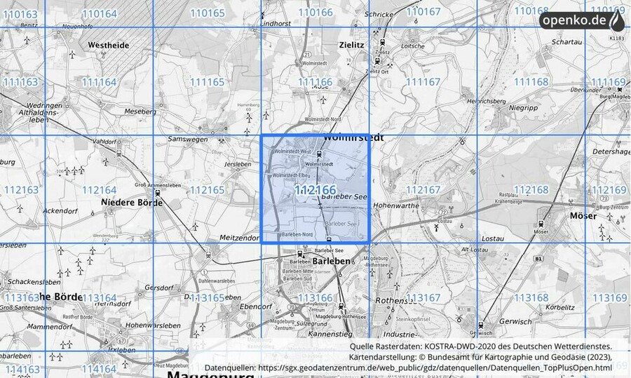 Übersichtskarte des KOSTRA-DWD-2020-Rasterfeldes Nr. 112166