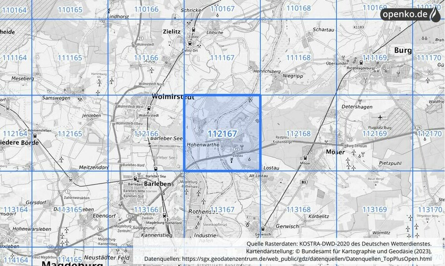 Übersichtskarte des KOSTRA-DWD-2020-Rasterfeldes Nr. 112167