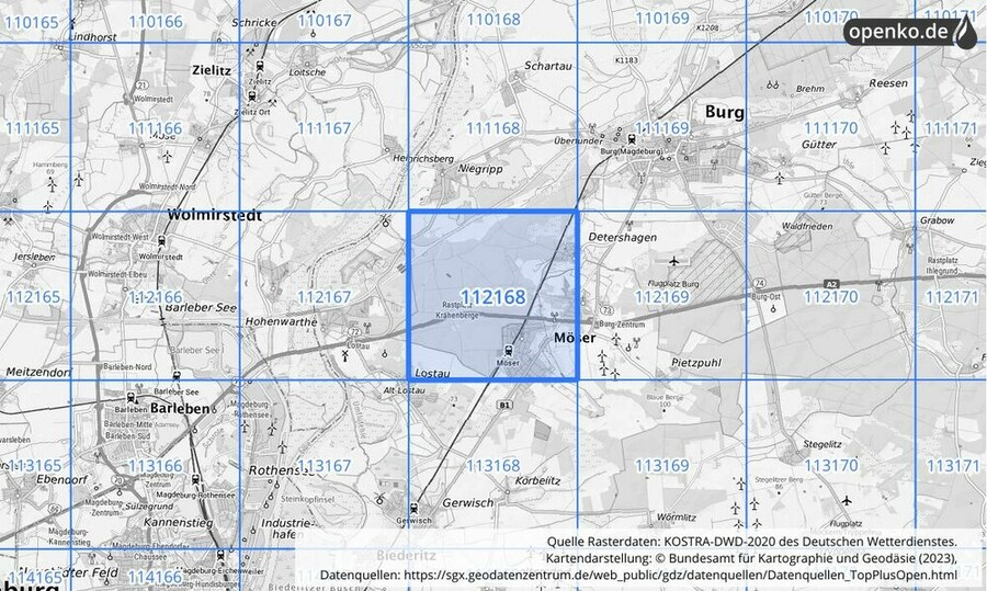 Übersichtskarte des KOSTRA-DWD-2020-Rasterfeldes Nr. 112168