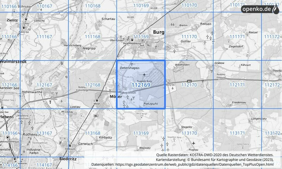 Übersichtskarte des KOSTRA-DWD-2020-Rasterfeldes Nr. 112169