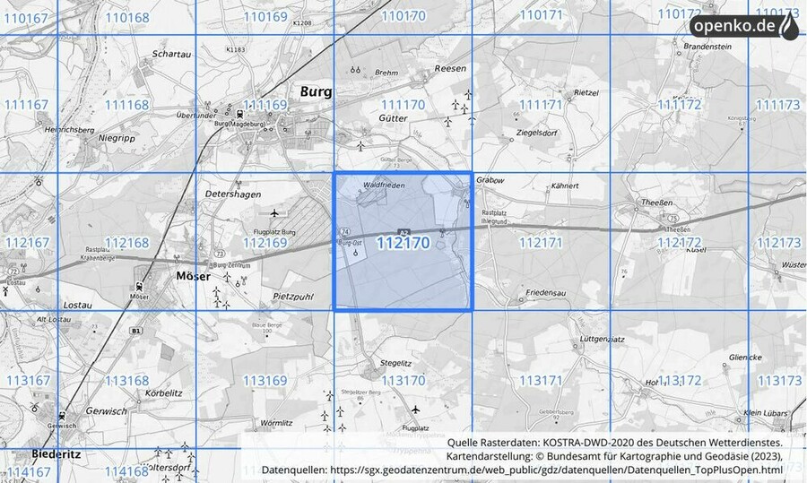 Übersichtskarte des KOSTRA-DWD-2020-Rasterfeldes Nr. 112170