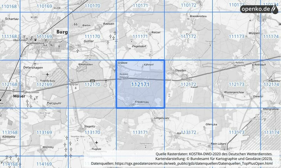 Übersichtskarte des KOSTRA-DWD-2020-Rasterfeldes Nr. 112171