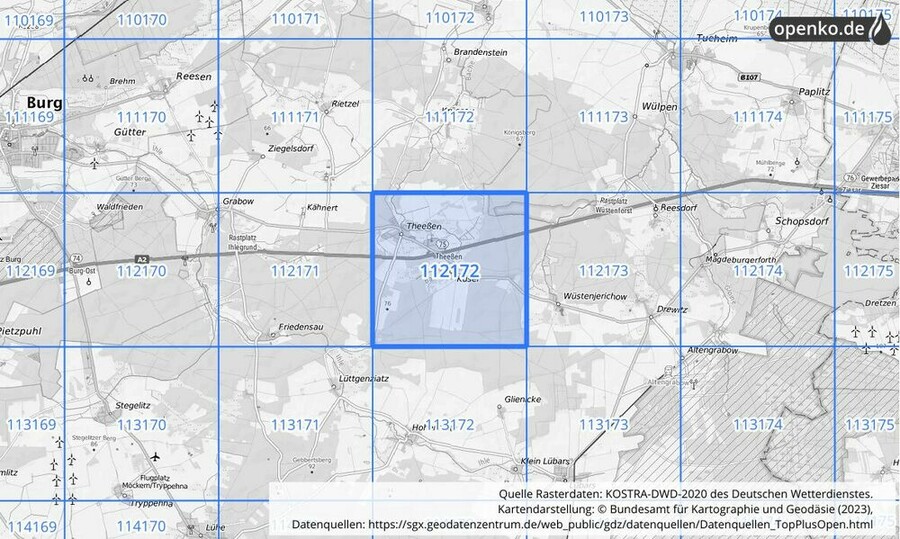 Übersichtskarte des KOSTRA-DWD-2020-Rasterfeldes Nr. 112172