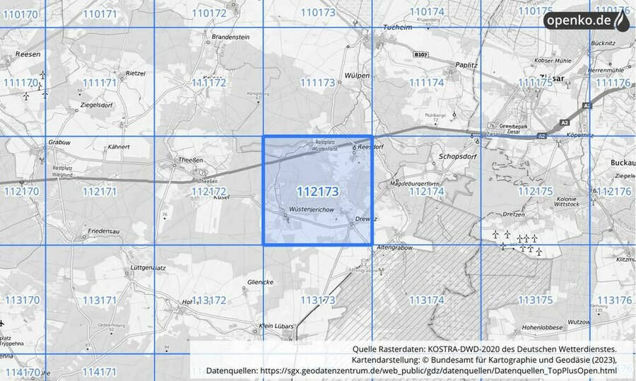 Übersichtskarte des KOSTRA-DWD-2020-Rasterfeldes Nr. 112173