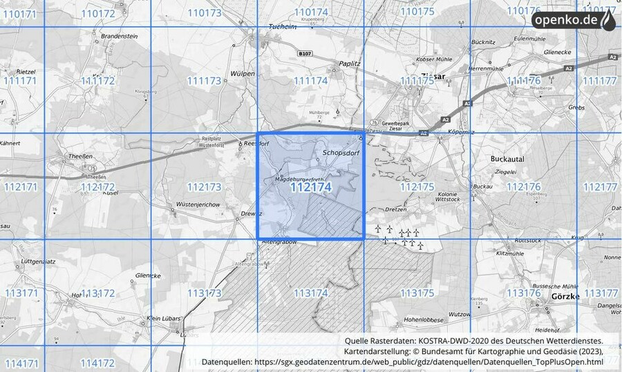 Übersichtskarte des KOSTRA-DWD-2020-Rasterfeldes Nr. 112174