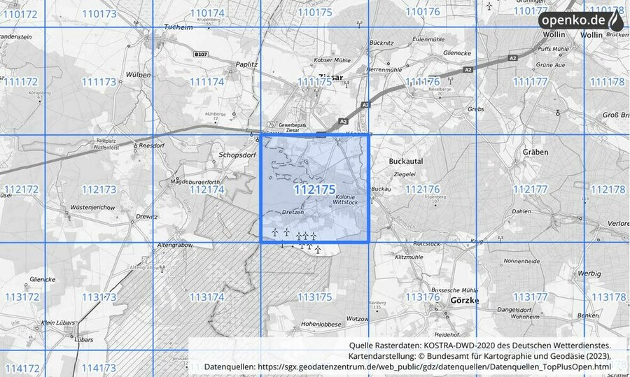 Übersichtskarte des KOSTRA-DWD-2020-Rasterfeldes Nr. 112175