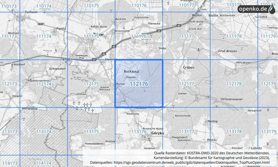 Übersichtskarte des KOSTRA-DWD-2020-Rasterfeldes Nr. 112176