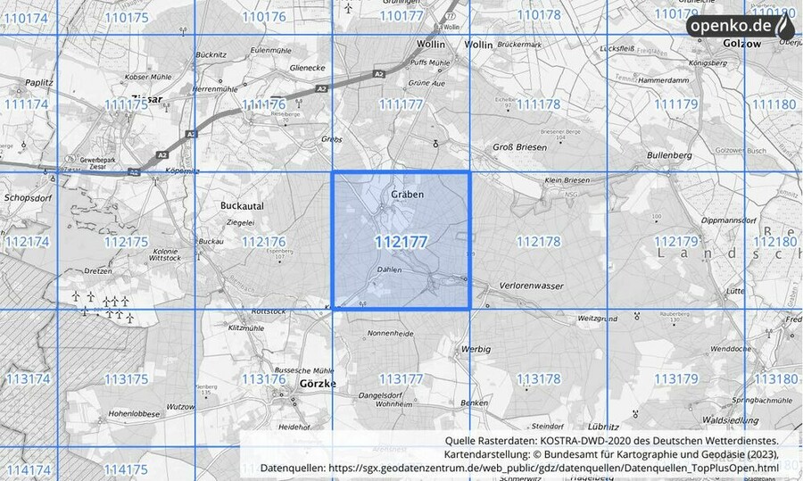 Übersichtskarte des KOSTRA-DWD-2020-Rasterfeldes Nr. 112177