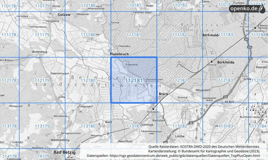 Übersichtskarte des KOSTRA-DWD-2020-Rasterfeldes Nr. 112181