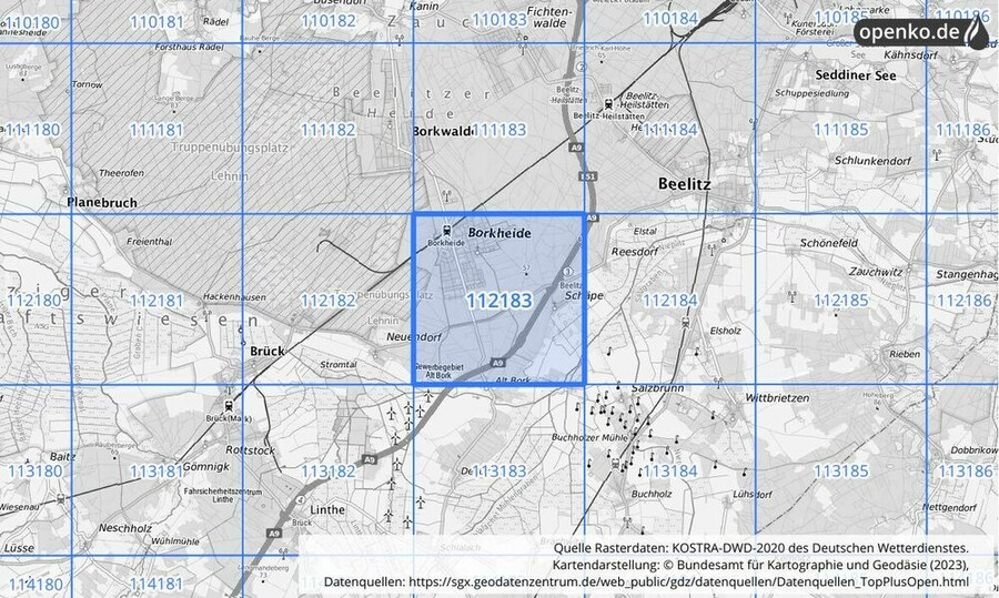 Übersichtskarte des KOSTRA-DWD-2020-Rasterfeldes Nr. 112183