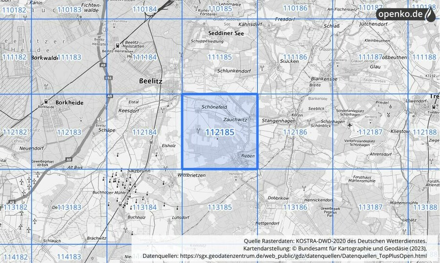 Übersichtskarte des KOSTRA-DWD-2020-Rasterfeldes Nr. 112185