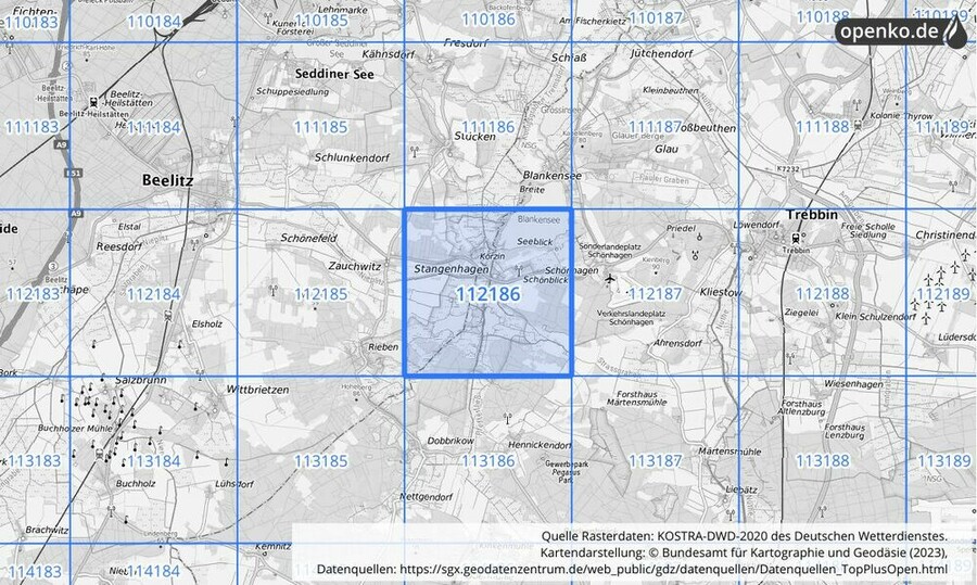 Übersichtskarte des KOSTRA-DWD-2020-Rasterfeldes Nr. 112186