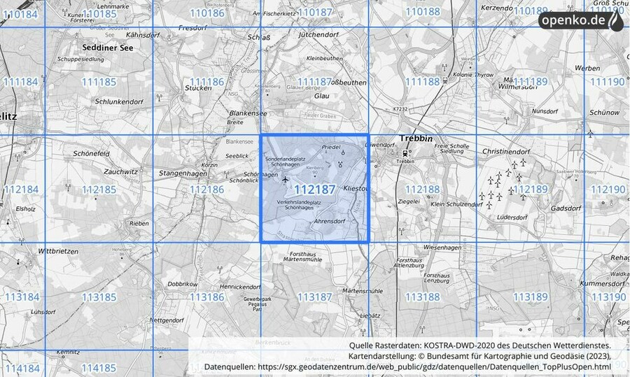 Übersichtskarte des KOSTRA-DWD-2020-Rasterfeldes Nr. 112187