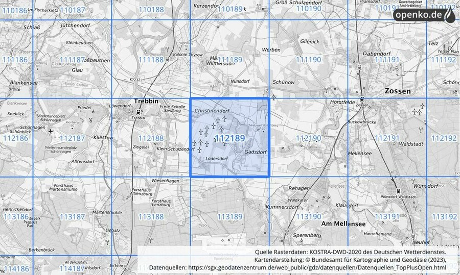 Übersichtskarte des KOSTRA-DWD-2020-Rasterfeldes Nr. 112189
