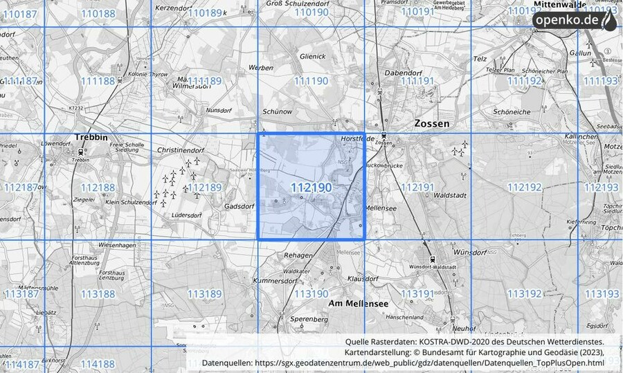 Übersichtskarte des KOSTRA-DWD-2020-Rasterfeldes Nr. 112190