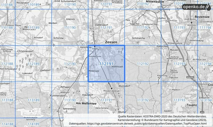 Übersichtskarte des KOSTRA-DWD-2020-Rasterfeldes Nr. 112191