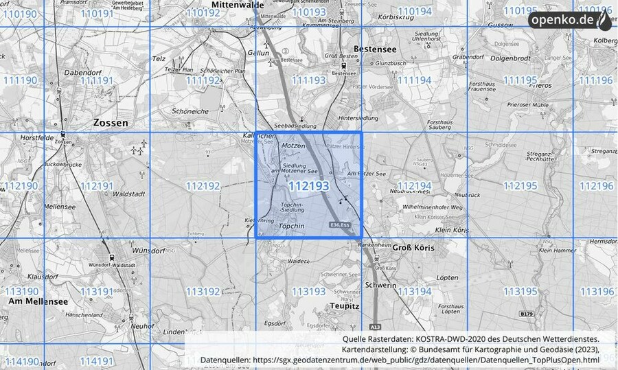 Übersichtskarte des KOSTRA-DWD-2020-Rasterfeldes Nr. 112193