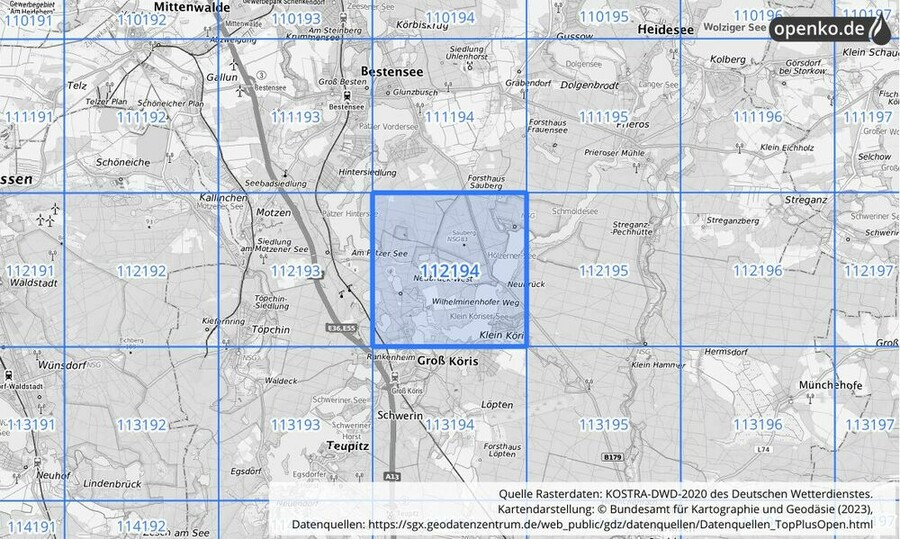 Übersichtskarte des KOSTRA-DWD-2020-Rasterfeldes Nr. 112194