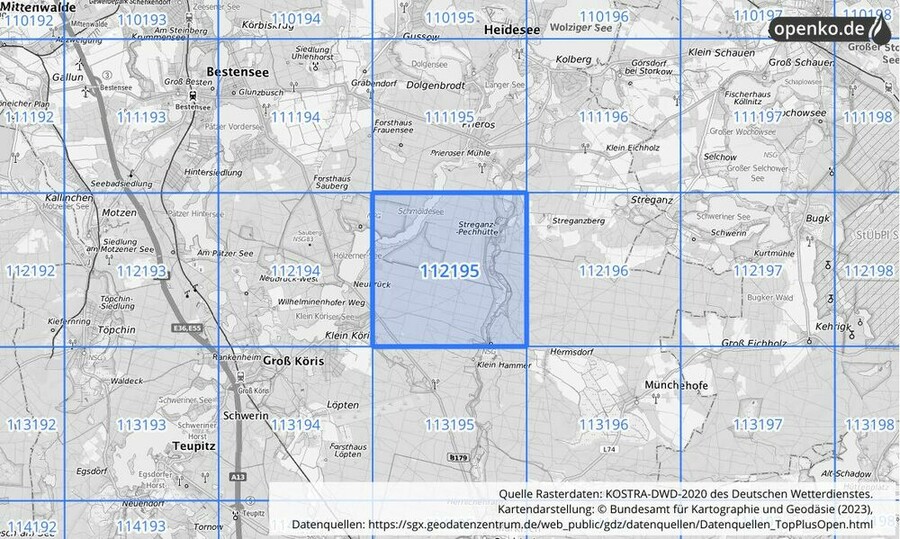 Übersichtskarte des KOSTRA-DWD-2020-Rasterfeldes Nr. 112195