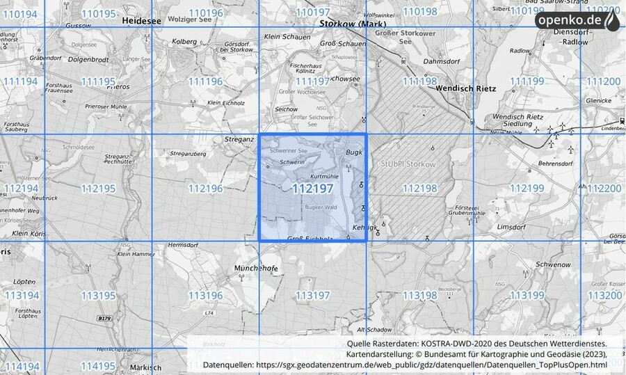 Übersichtskarte des KOSTRA-DWD-2020-Rasterfeldes Nr. 112197