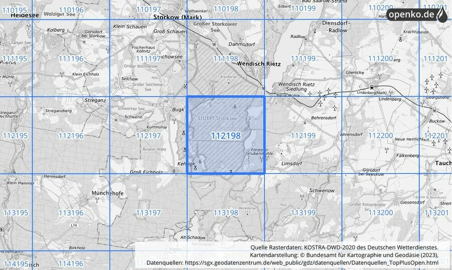 Übersichtskarte des KOSTRA-DWD-2020-Rasterfeldes Nr. 112198