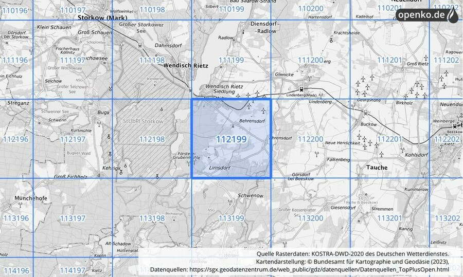 Übersichtskarte des KOSTRA-DWD-2020-Rasterfeldes Nr. 112199