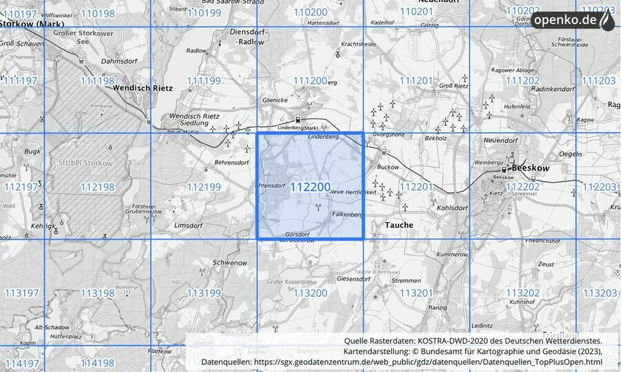 Übersichtskarte des KOSTRA-DWD-2020-Rasterfeldes Nr. 112200