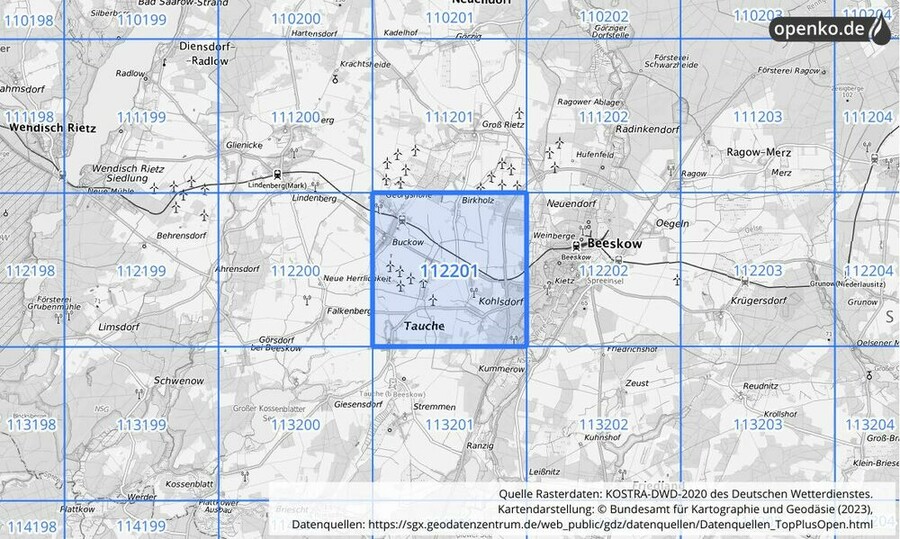 Übersichtskarte des KOSTRA-DWD-2020-Rasterfeldes Nr. 112201