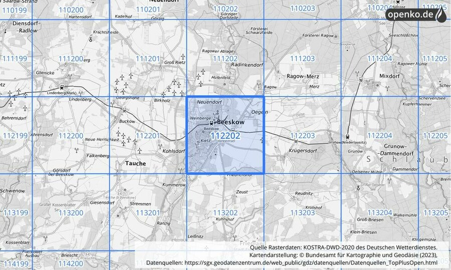 Übersichtskarte des KOSTRA-DWD-2020-Rasterfeldes Nr. 112202