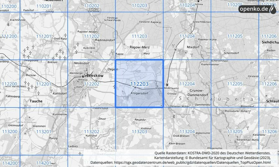 Übersichtskarte des KOSTRA-DWD-2020-Rasterfeldes Nr. 112203