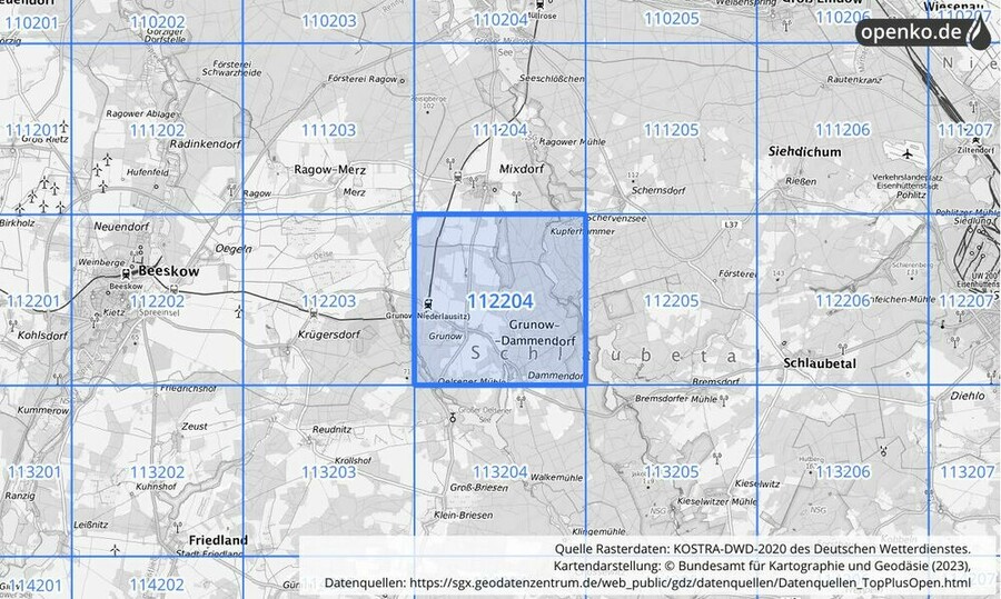 Übersichtskarte des KOSTRA-DWD-2020-Rasterfeldes Nr. 112204