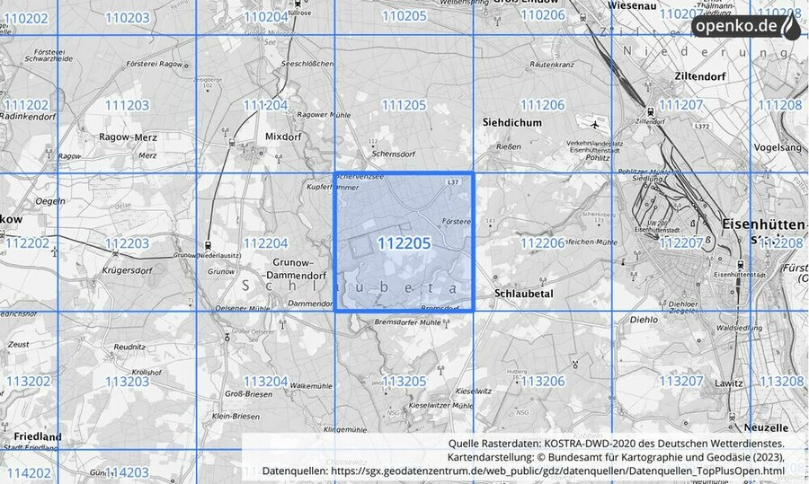 Übersichtskarte des KOSTRA-DWD-2020-Rasterfeldes Nr. 112205