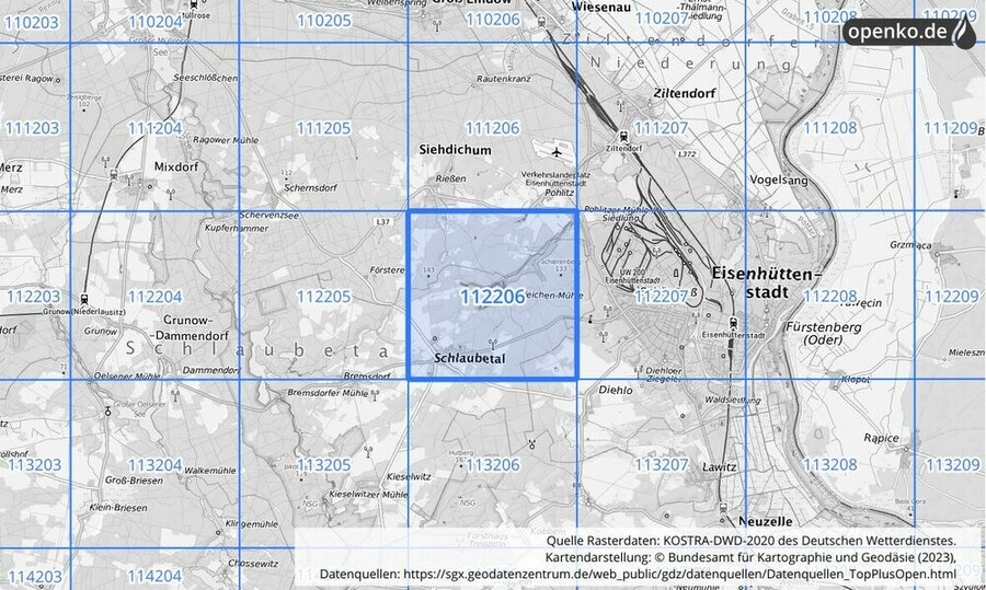 Übersichtskarte des KOSTRA-DWD-2020-Rasterfeldes Nr. 112206