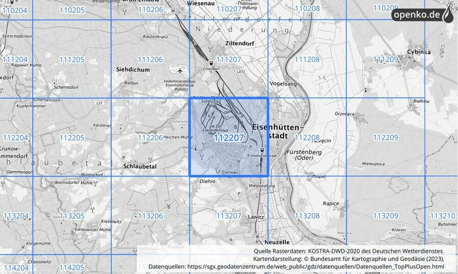 Übersichtskarte des KOSTRA-DWD-2020-Rasterfeldes Nr. 112207