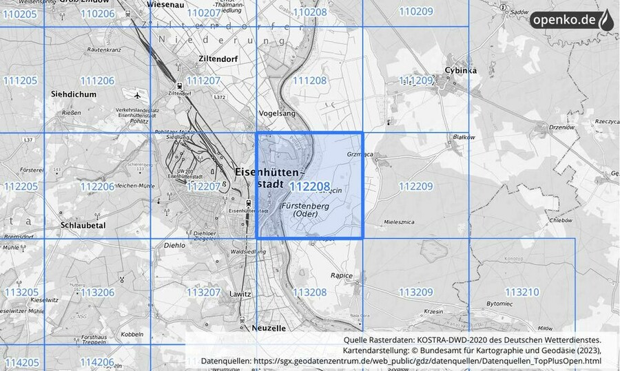 Übersichtskarte des KOSTRA-DWD-2020-Rasterfeldes Nr. 112208